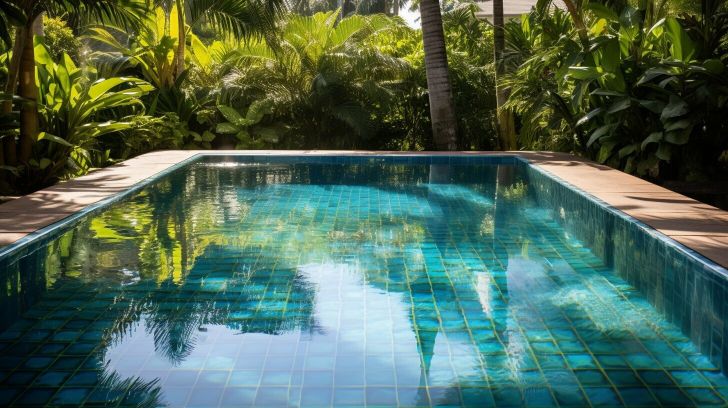 Tropical swimming pool surrounded by lush greenery with clear blue water reflecting the palm trees