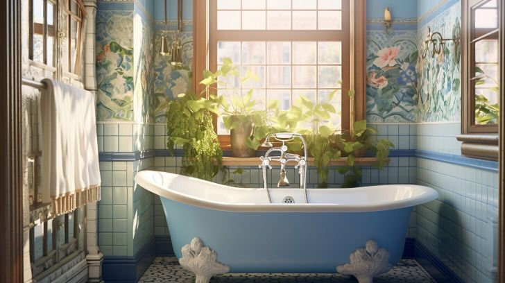 Vintage-inspired bathroom with blue tiles, a freestanding clawfoot bathtub, and decorative wall murals featuring plants and flowers by a sunlit window